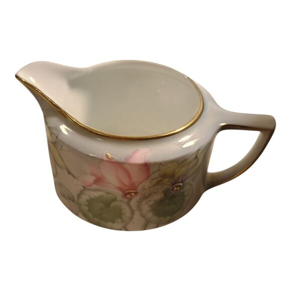 Tirschenreuth PT Gray Pink Flowers Creamer And Sugar Dish Gold Trim Hand Painted - Picture 7 of 12
